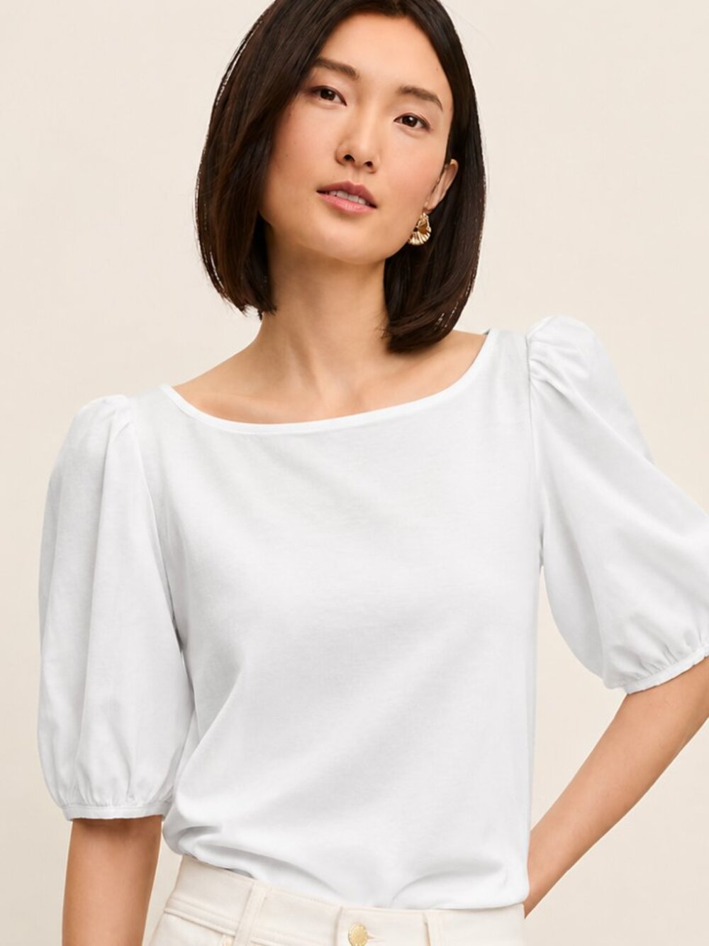 Ann Taylor White Puff Sleeve Boat Neck Cotton Blend Popover